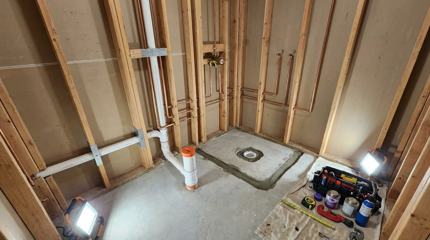 Bathroom rough-in plumbing during remodel by Johns Plumbing LLC in Chickasha