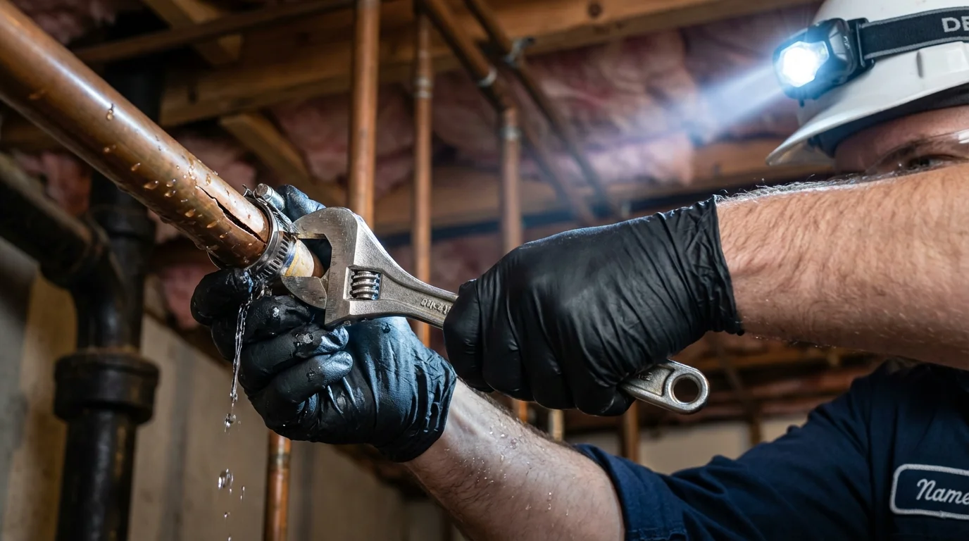 Emergency pipe clamp repair being performed by a Johns Plumbing LLC plumber in Chickasha