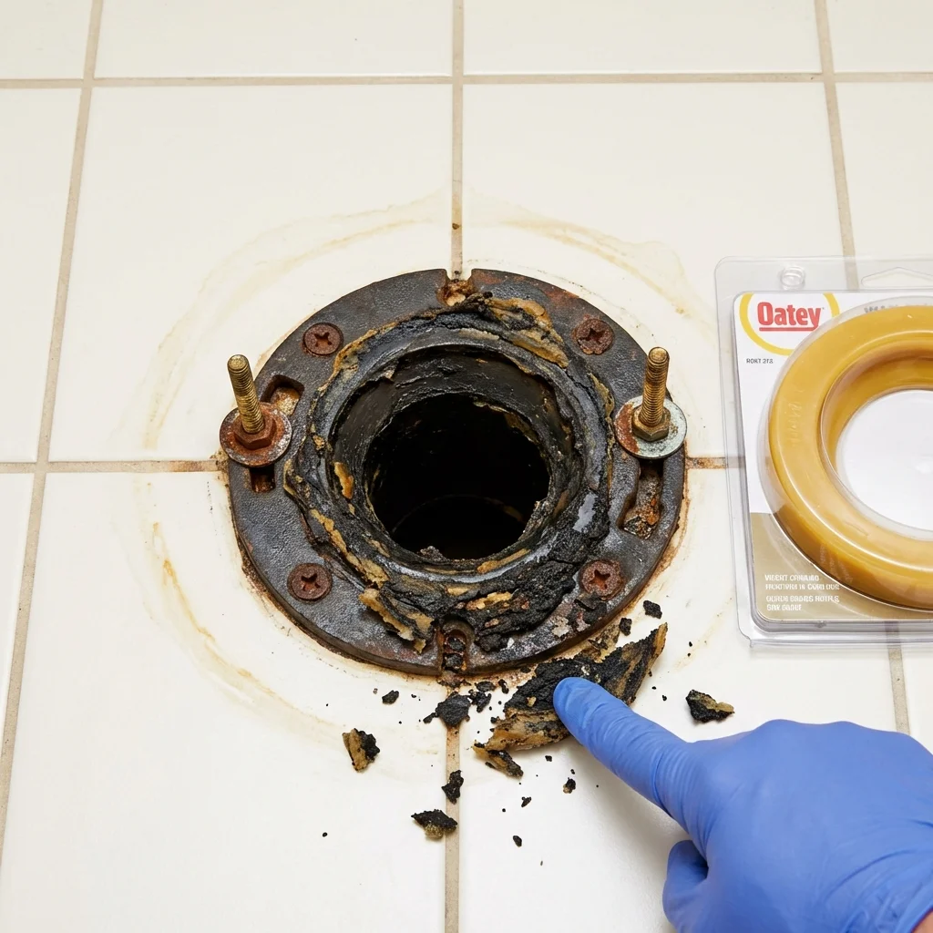 Failed wax ring showing water seepage at the base of a toilet in a Chickasha, OK home