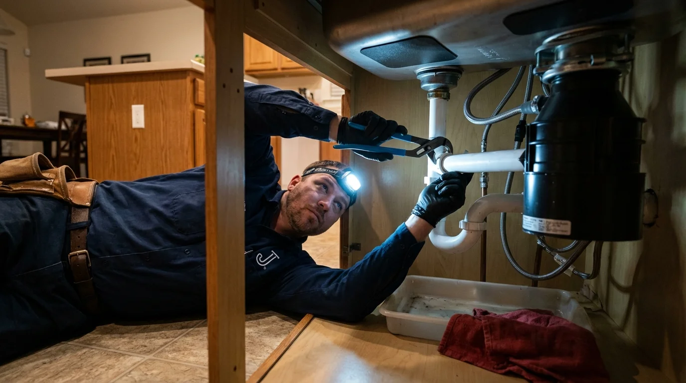 P-trap and supply line connections under a kitchen sink showing a common leak point in Chickasha, OK